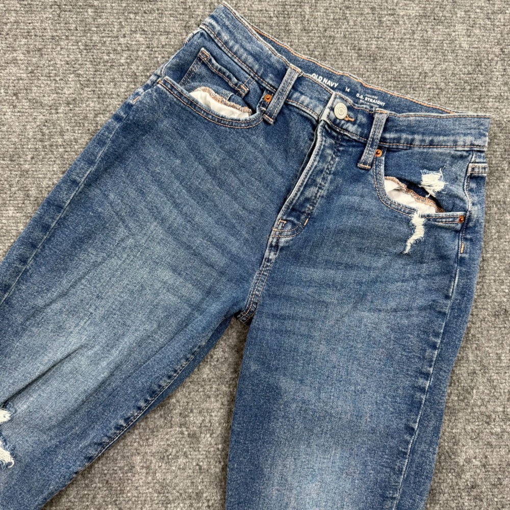Old Navy Jeans Size 14 High Rise OG Straight Dark Blue Distressed Women's